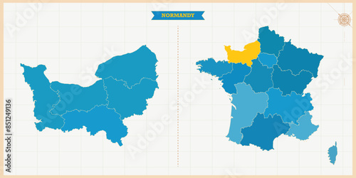 A Map highlighting Normandy in the France Map, Normandy and France modern map with Colorful Hi detailed Vector, geographical borders