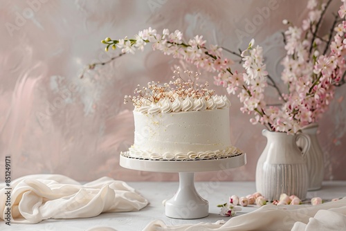 Elegant Frosted Cake on Decorative Stand Against a Soft Background, Perfect for Birthdays, Weddings, and Special Celebrations