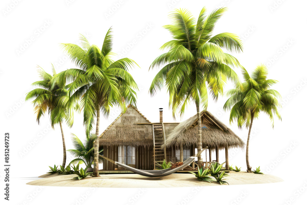 Fototapeta premium A tropical beach house with a thatched roof and a hammock strung between palm trees, isolated on white background.