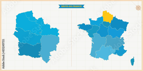 A Map highlighting Hauts-de-France in the France Map, Hauts-de-France and France modern map with Colorful Hi detailed Vector, geographical borders