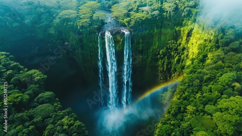 High-angle view of a waterfall in a lush forest, vibrant green, mist, rainbow