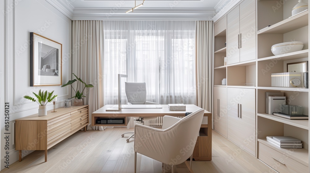 Elegant home office with beige wooden desk and white decor, minimalist,