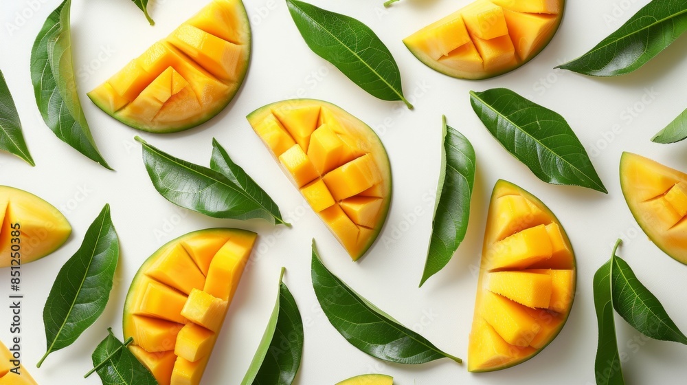 Fresh Mango Slices with Green Leaves Fresh Mango Slices with Green Leaves