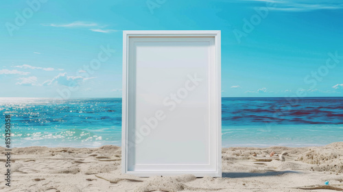 blank white frame mockup on the beach with blue sky and sea background. advertisement, travel concept. mockup for marketing.