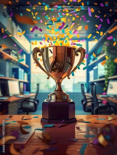 Office Trophy Celebration with Confetti