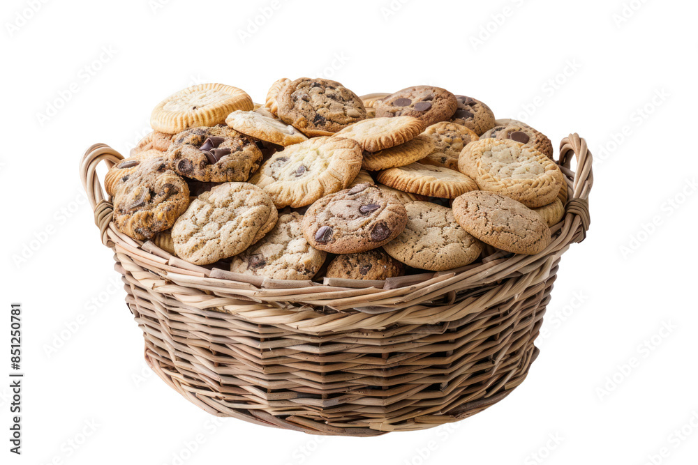 A rustic basket filled with a variety of homemade cookies. Isolated on a white background A rustic basket filled with a variety of homemade cookies. Isolated on a white background