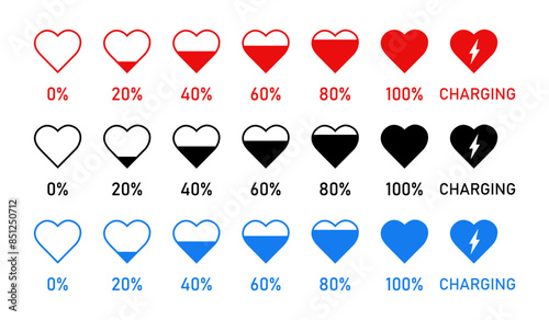 Heart level. Collection of heart vector icon set in red, black, blue color. Heart shape loading progress indicator vector illustration.