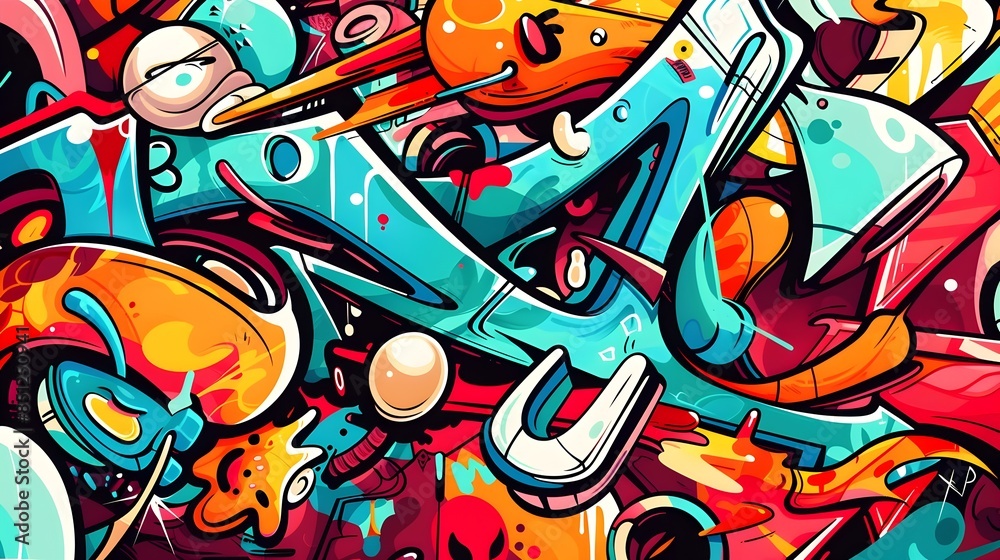 Fototapeta premium Vibrant Graffiti-Inspired Abstract Artwork with Colorful Geometric Patterns and Shapes