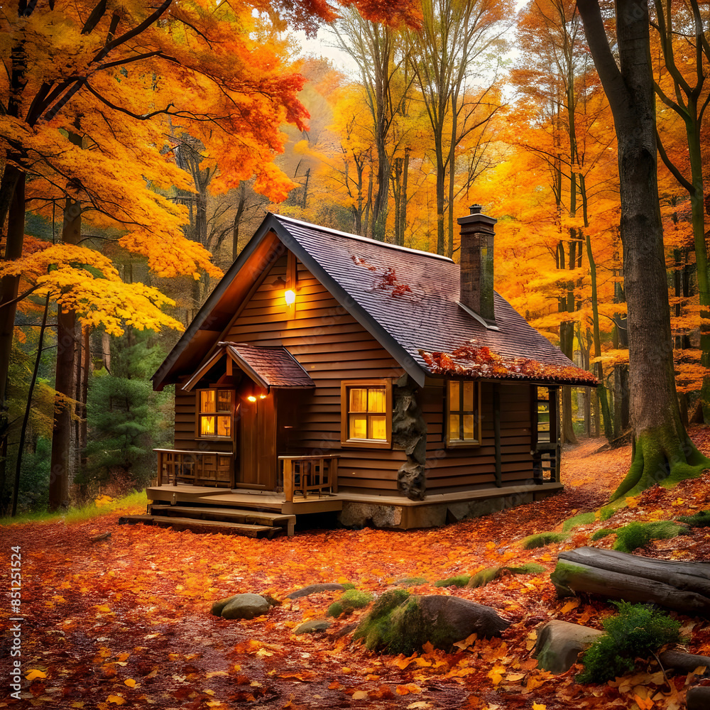 A cabin nestled in the woods during the fall season. A cabin nestled in the woods during the fall season.