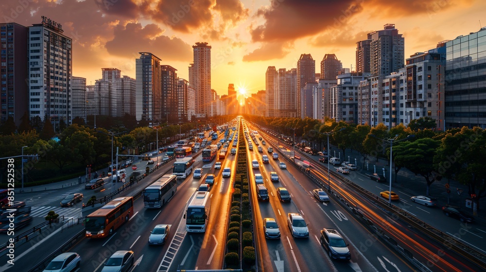 Obraz premium A panoramic view of a cityscape features electric vans navigating through traffic, showcasing the implementation of green logistics in urban delivery services. The vehicles, equipped with