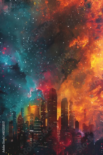 A nebula reimagined as a pop art advertisement  complete with a catchy slogan about the wonders of space