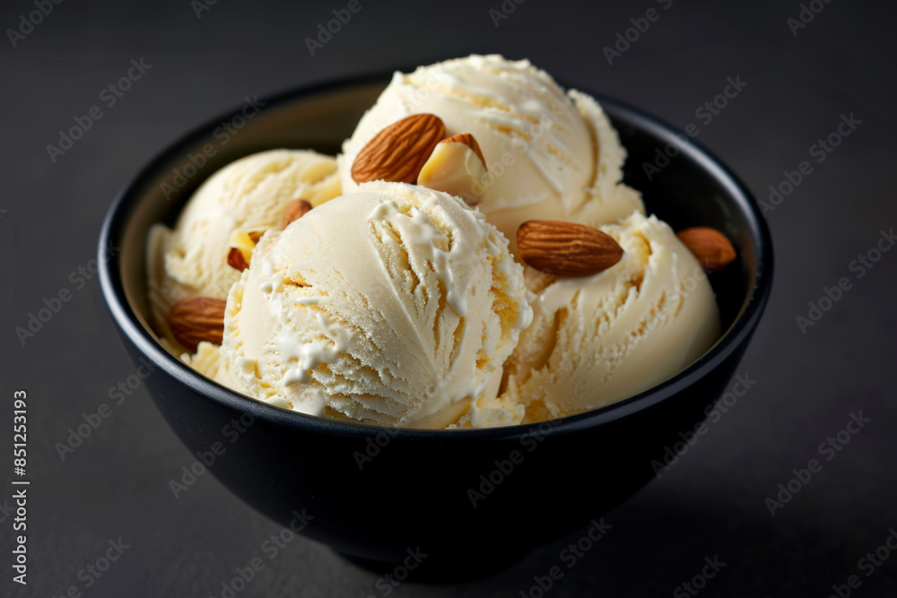 vanilla ice cream with almond pieces in a black bowl on a dark background vanilla ice cream with almond pieces in a black bowl on a dark background