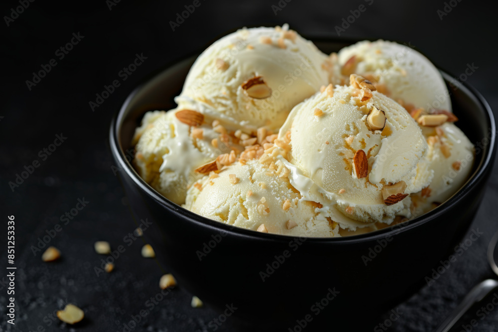 vanilla ice cream with almond pieces in a black bowl on a dark background vanilla ice cream with almond pieces in a black bowl on a dark background