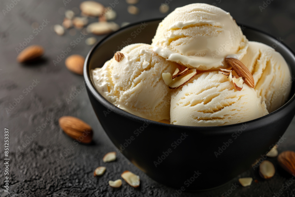 vanilla ice cream with almond pieces in a black bowl on a dark background