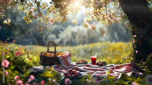 Picnic in a sunny meadow blankets baskets image photo