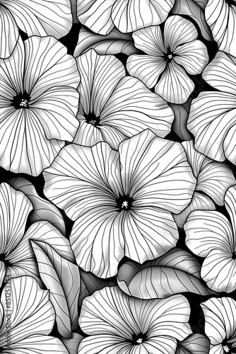 The image is a black and white drawing of flowers with a lot of detail. The flowers are arranged in a way that creates a sense of depth and texture