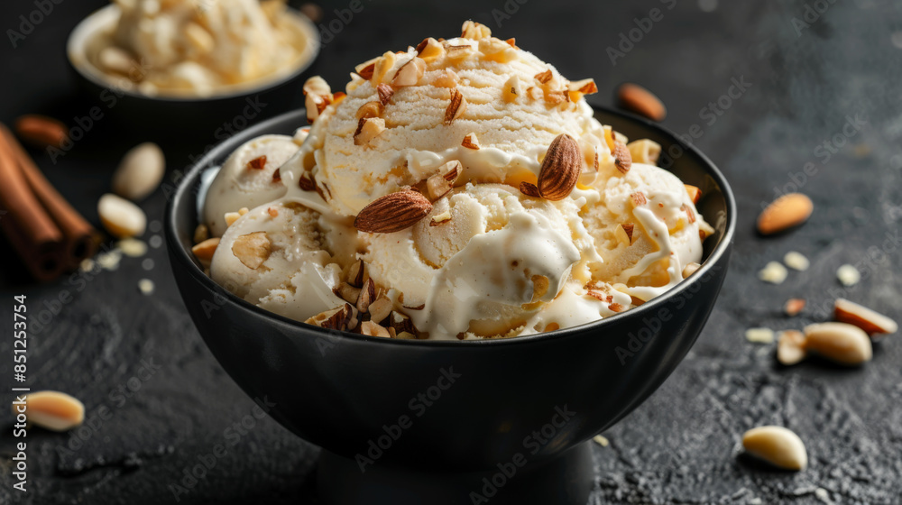 vanilla ice cream with almond pieces in a black bowl on a dark background