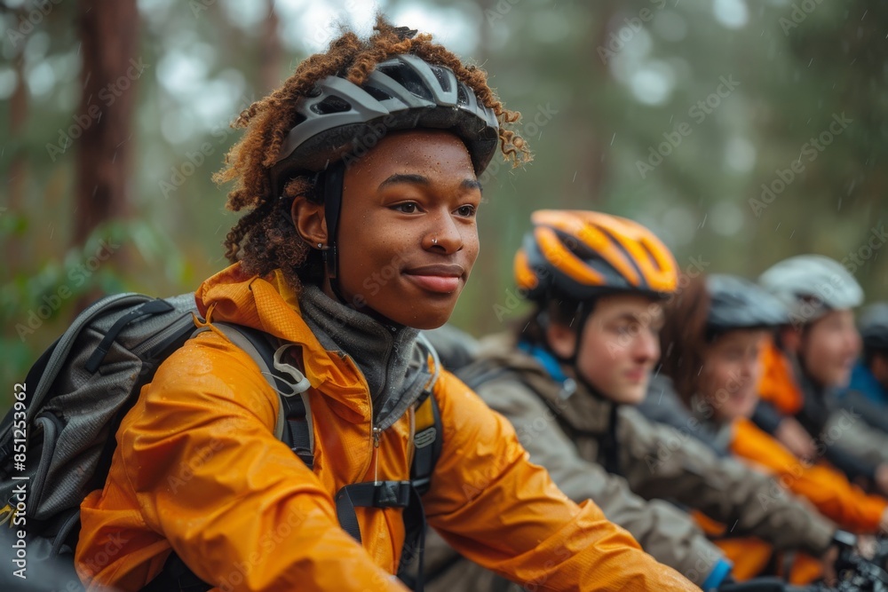 Group of Cyclists in Forest Rain Group of Cyclists in Forest Rain
