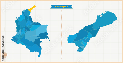 A Map highlighting La Guajira in the Colombia Map, La Guajira and Colombia modern map with Colorful Hi detailed Vector, geographical borders