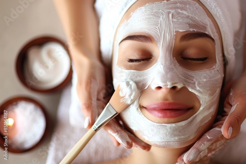 A woman wrapped her head in a white towel, applied a facial mask, massaged her temples with her hands in front of a mirror, a neat and clean modern white room