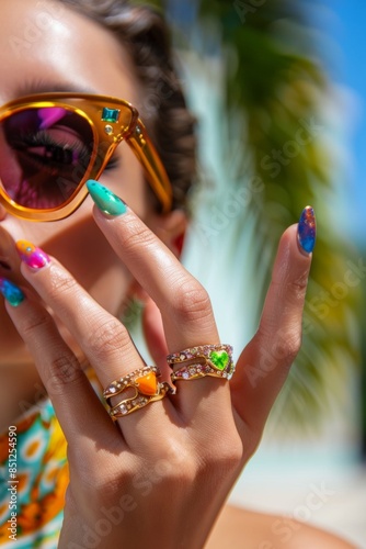 Close-up of a hand adjusting a pair of cat-eye sunglasses, showcasing brightly painted nails and a colorful cocktail ring