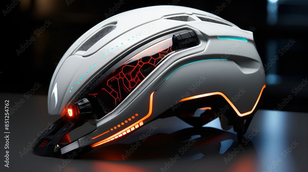 A helmet with vibrant lights illuminating it, providing a futuristic and captivating appearance. A helmet with vibrant lights illuminating it, providing a futuristic and captivating appearance.