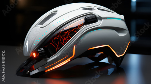 A helmet with vibrant lights illuminating it, providing a futuristic and captivating appearance.