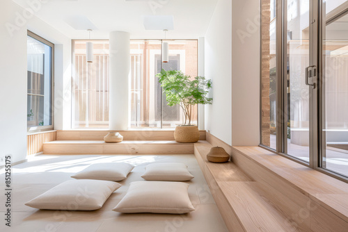 Serene minimalist room corner in a luxury residence with a mix of warm and neutral tones. Real Estate interior design composition with minimal furniture.