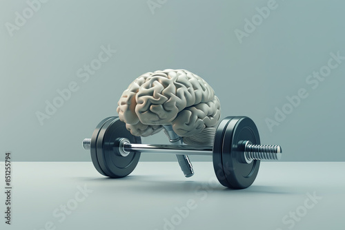 Creative concept of a human brain lifting weights, symbolizing cognitive development, mental exercise, and the importance of maintaining a healthy mind photo