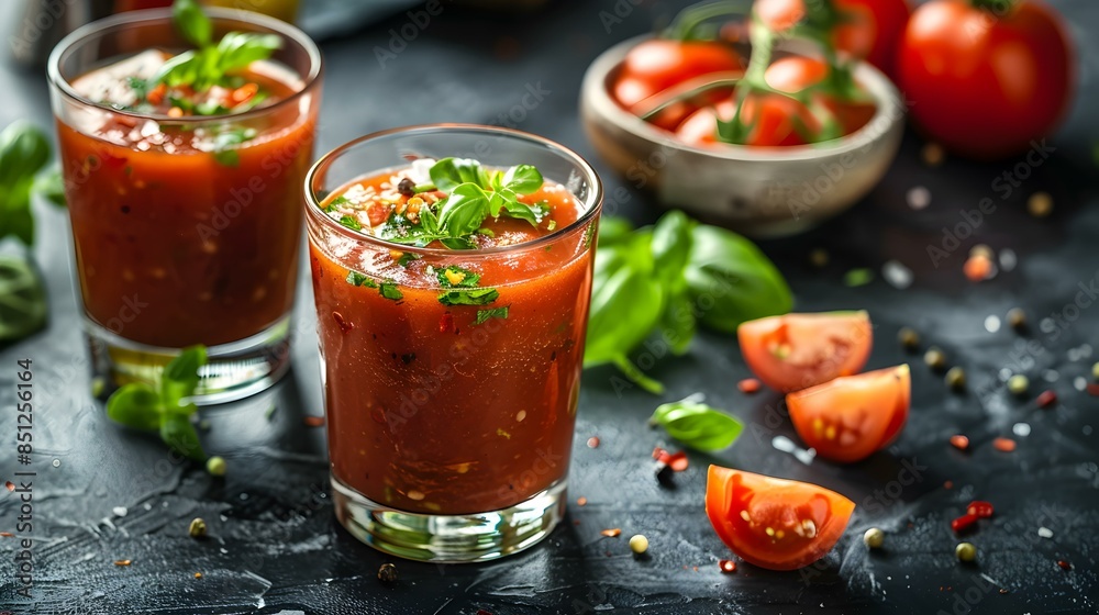 Gazpacho in a glass garnished with fresh herbs img Gazpacho in a glass garnished with fresh herbs img