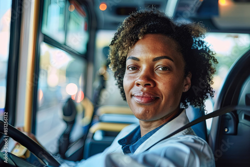 Portrait of a professional Black female bus driver sitting confidently behind the wheel, ready to transport passengers safely to their destinations © Emanuel