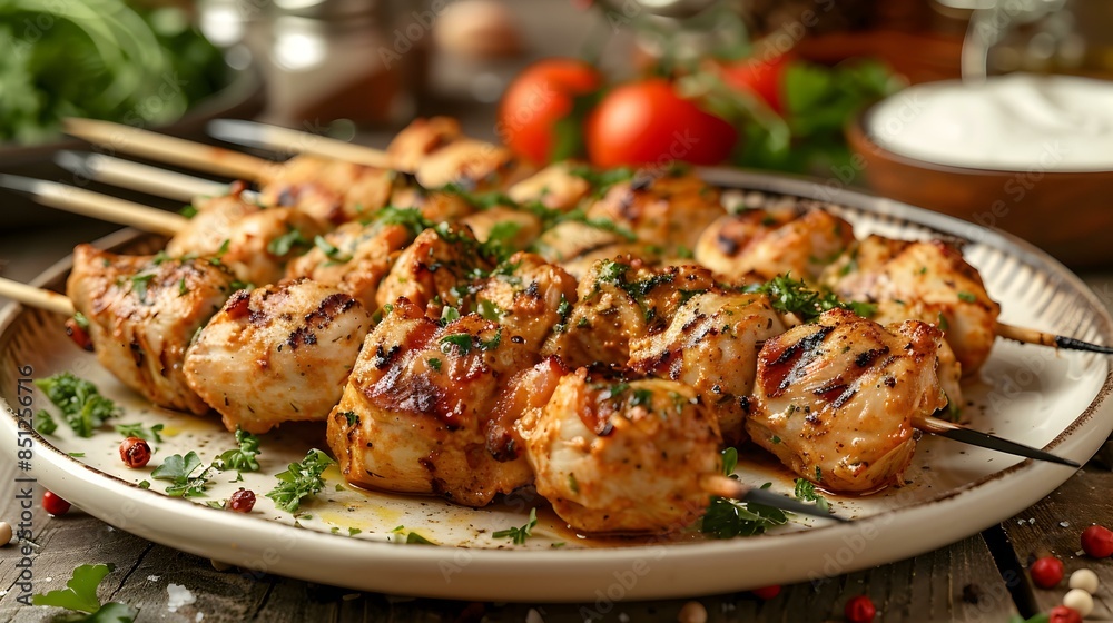 Chicken skewers on a plate decorated image Chicken skewers on a plate decorated image