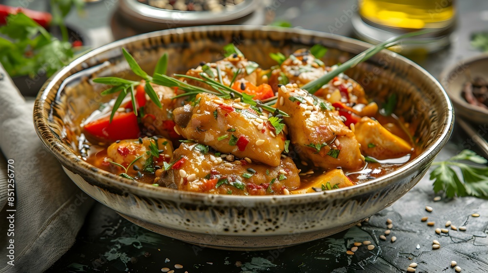Chicken with vegetables in a bowl decorated picture Chicken with vegetables in a bowl decorated picture