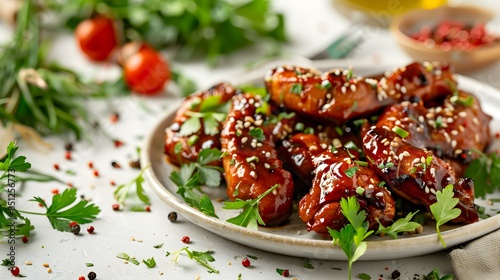 Teriyaki chicken on a plate decorated image photo