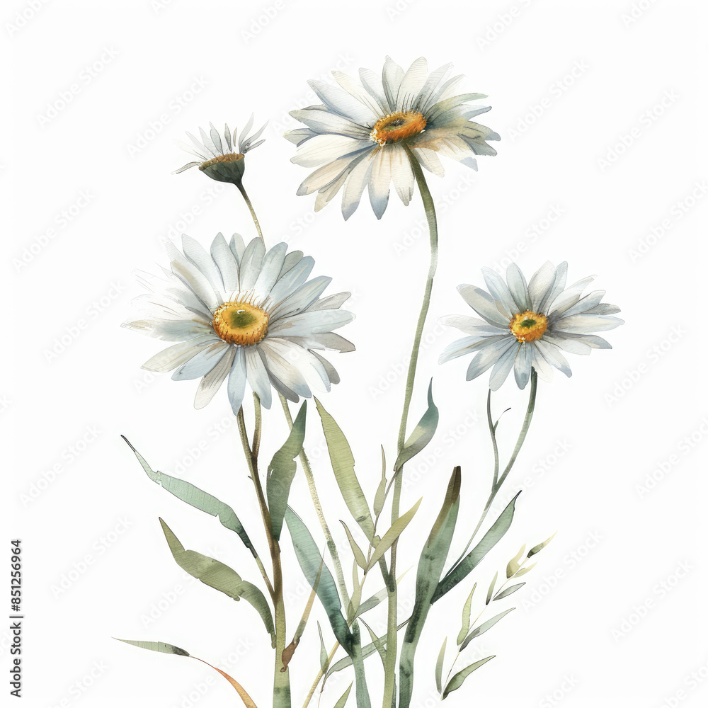 Watercolor painting of delicate daisy flowers with green stems and leaves isolated on a white background Watercolor painting of delicate daisy flowers with green stems and leaves isolated on a white background