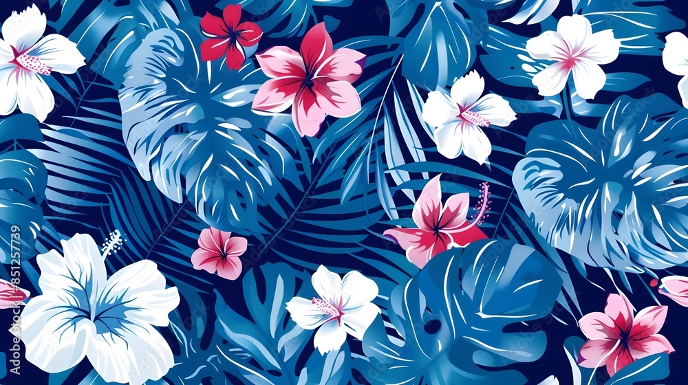 Vibrant Tropical Floral Pattern with Lush Botanical Leaves and Exotic Flowers Vibrant Tropical Floral Pattern with Lush Botanical Leaves and Exotic Flowers