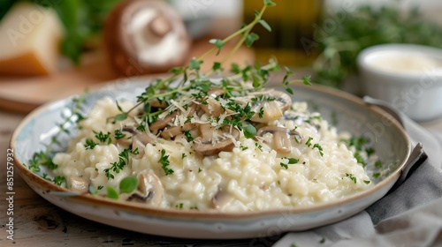 Risotto with mushrooms on a plate decorated image