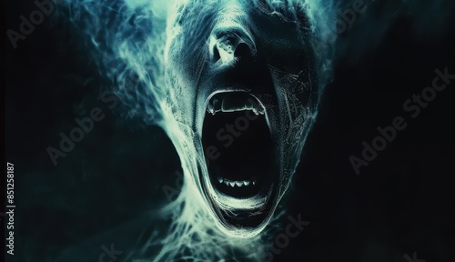 Eerie Ghostly Face Screaming in Darkness with Ethereal Blue Smoke for Helloween Horror Theme