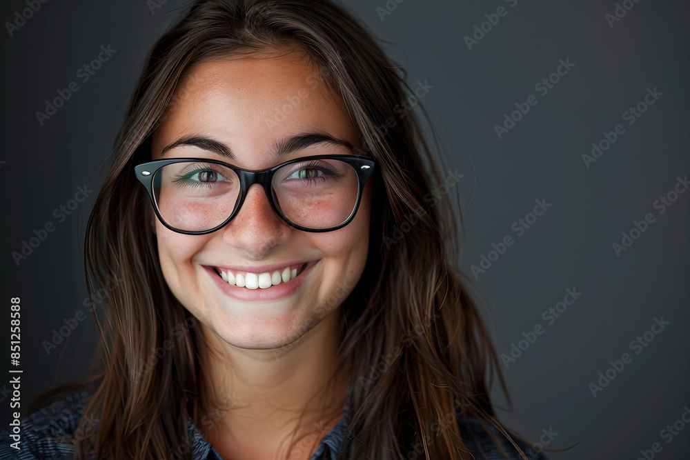 Close-up studio portrait of a smiling young female student wearing glasses, radiating intelligence, ambition, and a positive outlook, suitable for themes of education, business, and personal growth Close-up studio portrait of a smiling young female student wearing glasses, radiating intelligence, ambition, and a positive outlook, suitable for themes of education, business, and personal growth