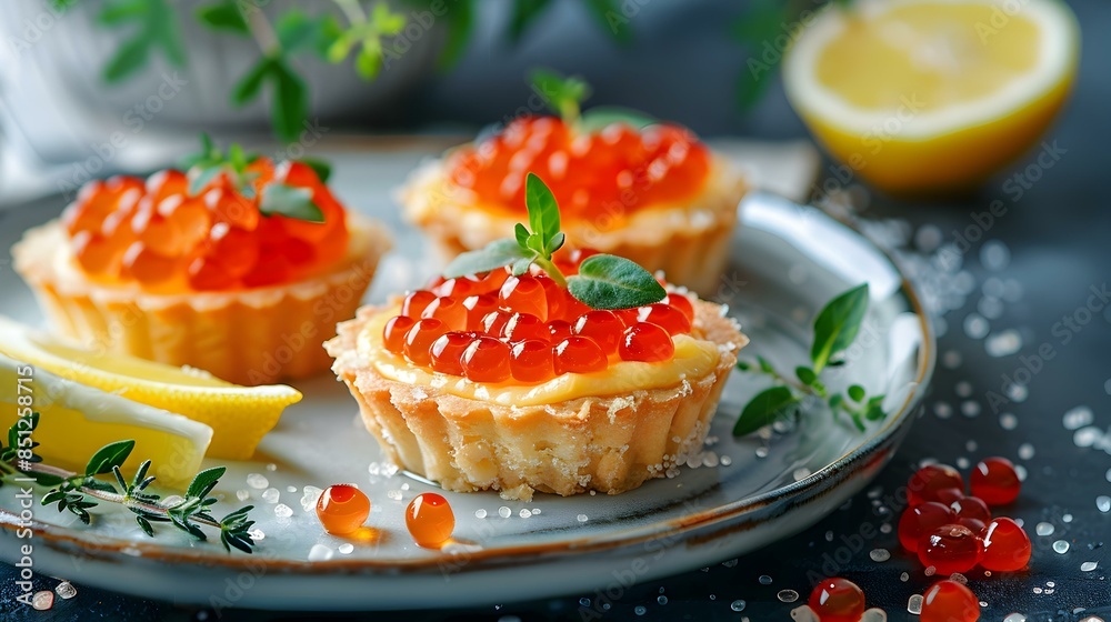 Tartlets with red caviar on a plate image Tartlets with red caviar on a plate image