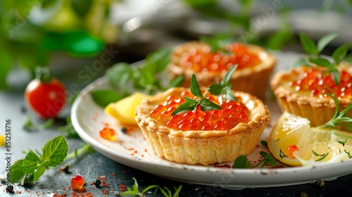 Tartlets with red caviar on a plate
