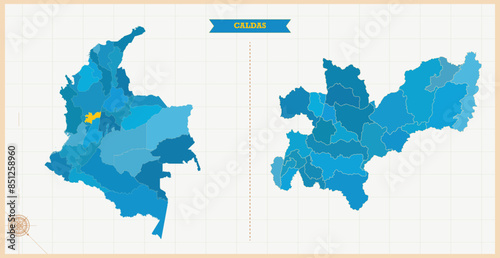 A Map highlighting Caldas in the Colombia Map, Caldas and Colombia modern map with Colorful Hi detailed Vector, geographical borders