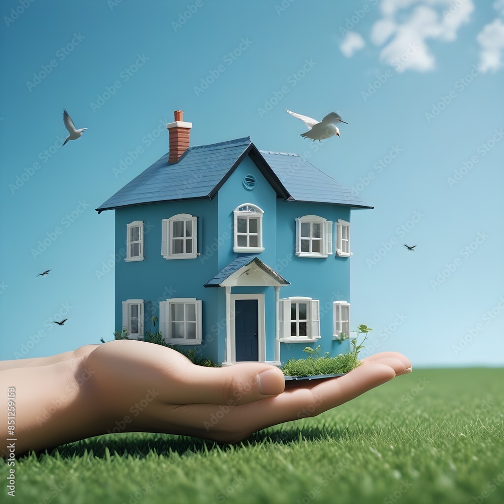 Naklejka premium A miniature modern two-story house with a lawn and birds flying in the sky,