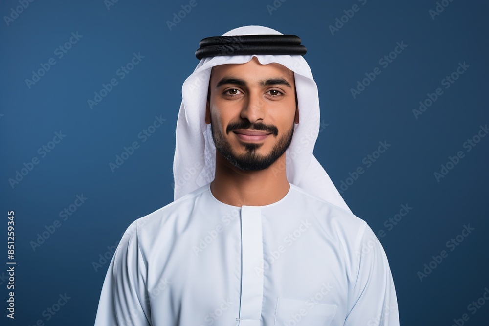 Obraz premium A man wearing a white shirt and a black head scarf is smiling
