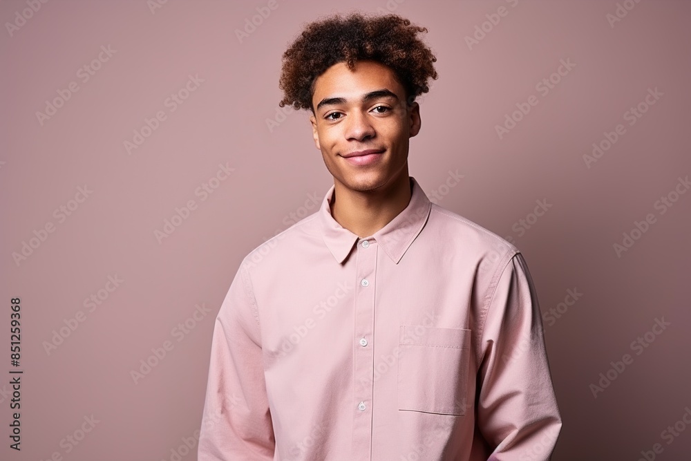 A young man with a black afro is wearing a pink shirt and smiling