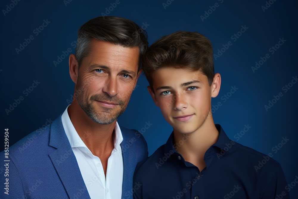 A man and a boy are posing for a picture A man and a boy are posing for a picture