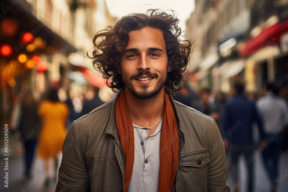 Fototapeta premium A man with curly hair and a beard is smiling in front of a crowd of people