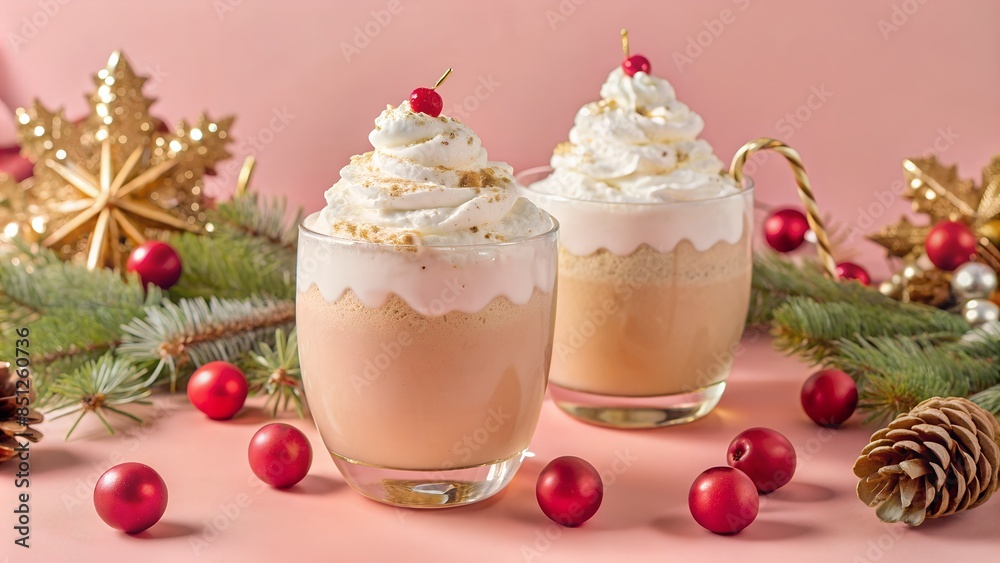 Christmas Tom and Jerry cocktail or eggnog with whipped cream in glasses on decorated background. Tom and Jerry drinks. Christmas Tom and Jerry cocktail or eggnog with whipped cream in glasses on decorated background. Tom and Jerry drinks.