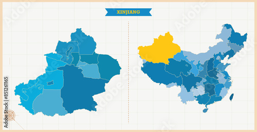 A Map highlighting Xinjiang in the China Map, Xinjiang and China modern map with Colorful Hi detailed Vector, geographical borders
