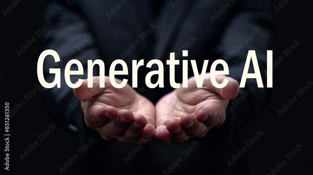 Generative AI word on the hand of a businessman. Text symbol concept. Copy space.